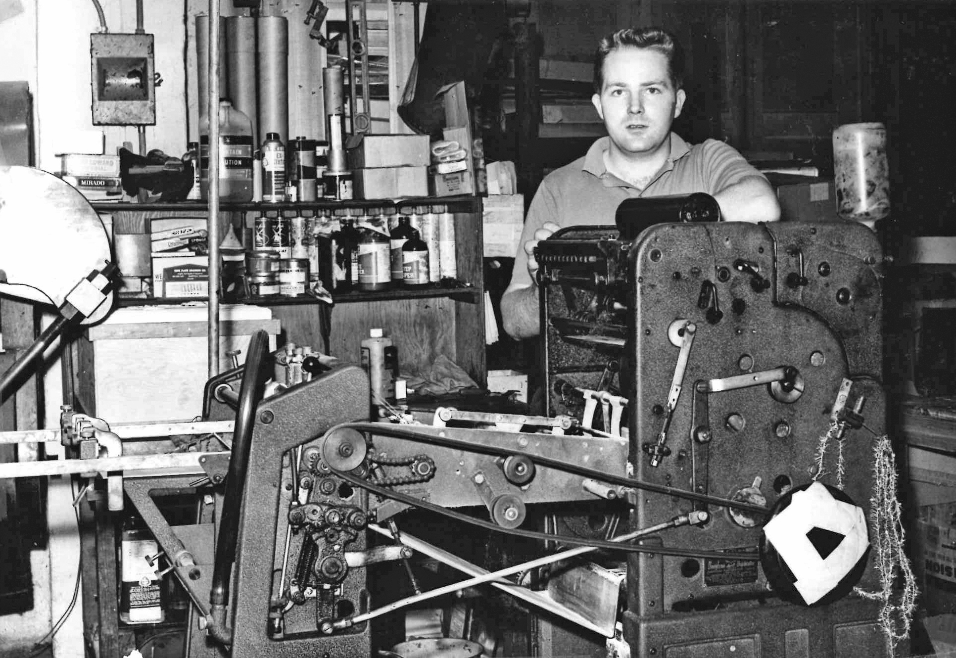 Carson Oliver at the printing press, circa 1963